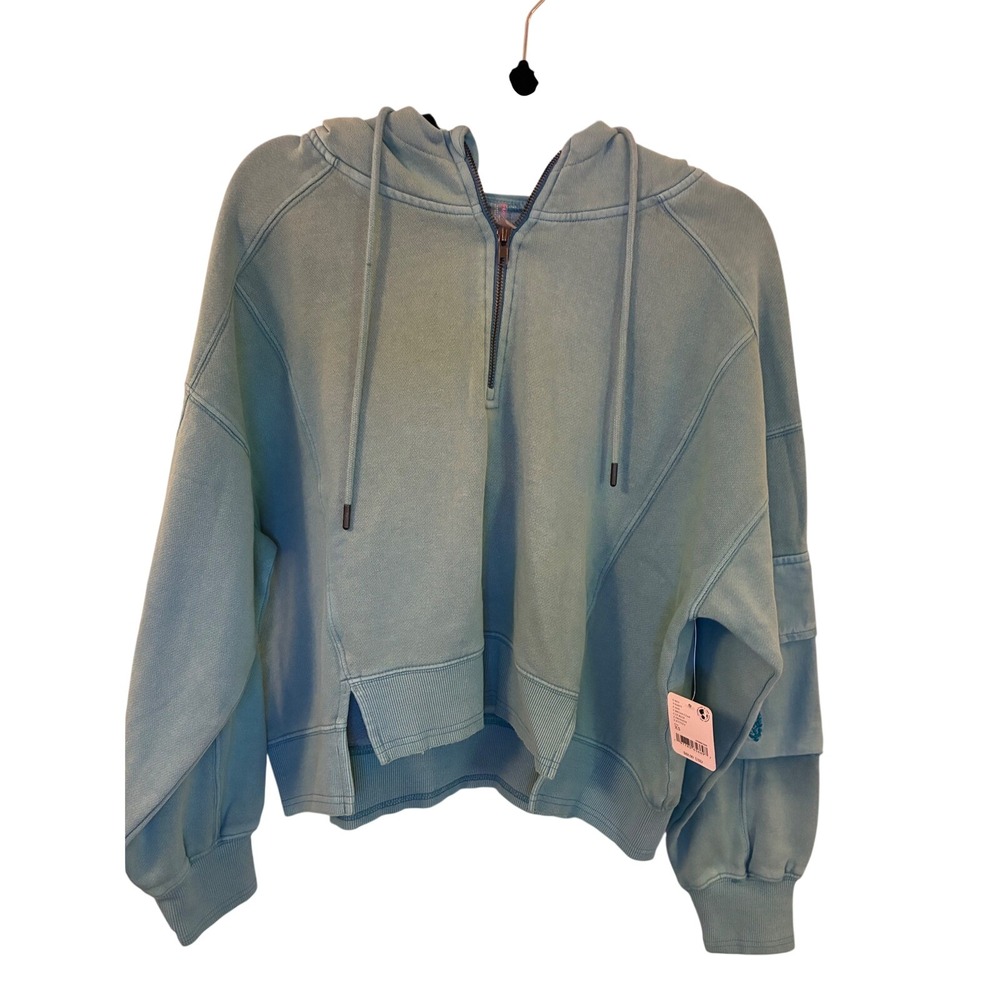 Free People Movement Bryan Cyan Half Zip Hoodie Cropped Sweatshirt Blue XS NWT